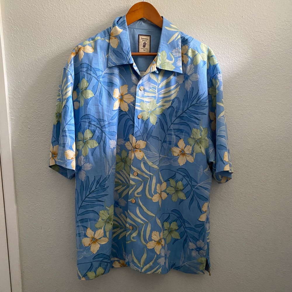 Jamaica Jaxx Mens XL Blue Silk Tropical Floral Palm Leaf Camp Hawaiian Shirt